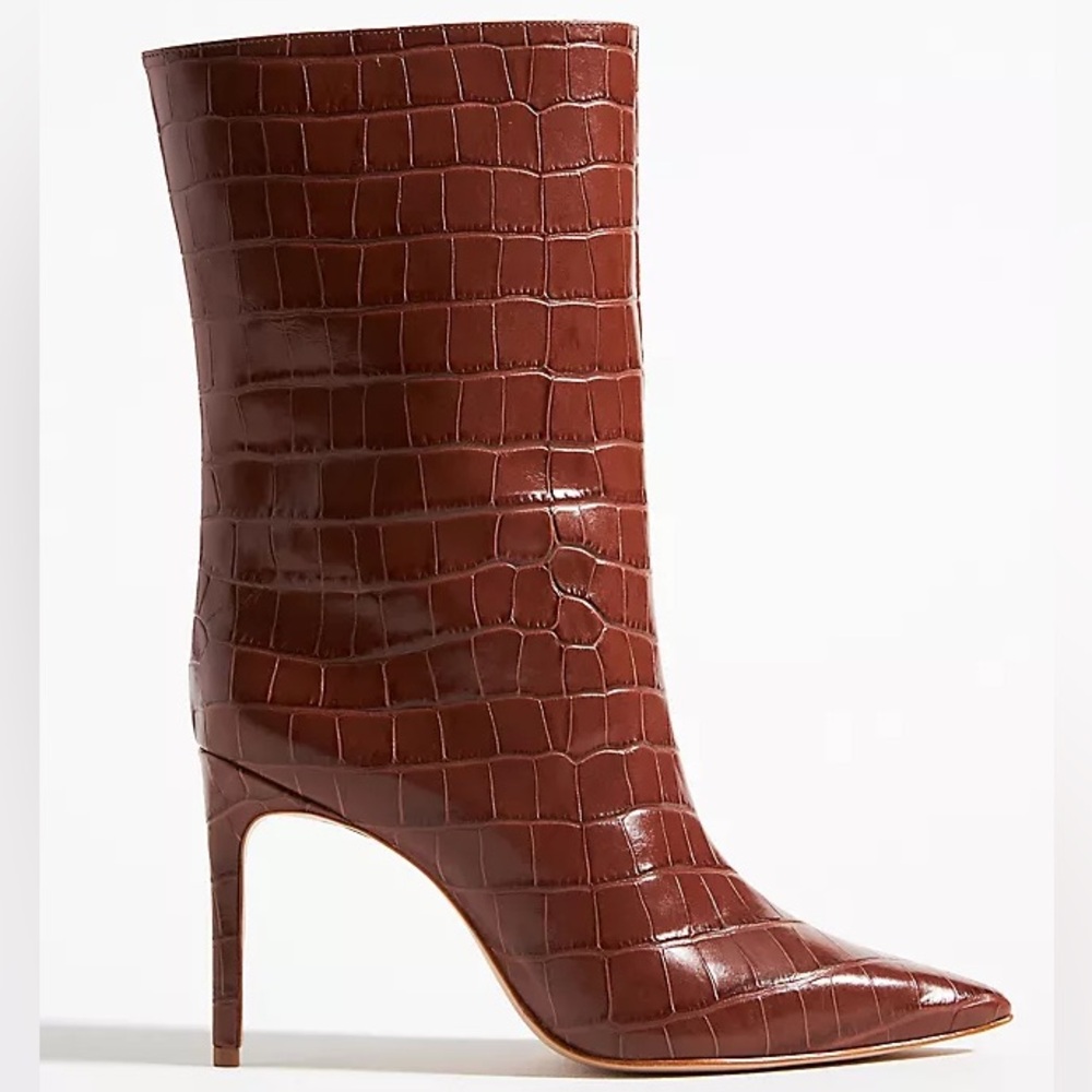 SCHUTZ Brown Croc-Embossed Mid-Calf Pointed Toe Boot